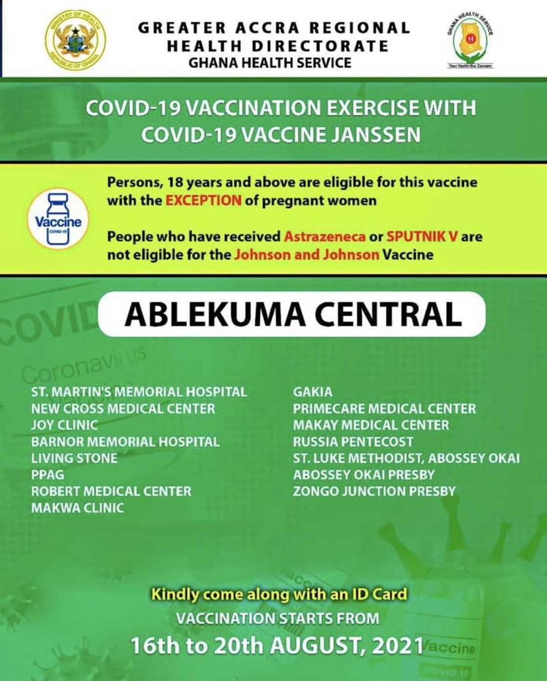 Ga South, 6 other designated districts to give Johnson and Johnson vaccine jab Ga South, 6 other designated districts to give Johnson and Johnson vaccine jab