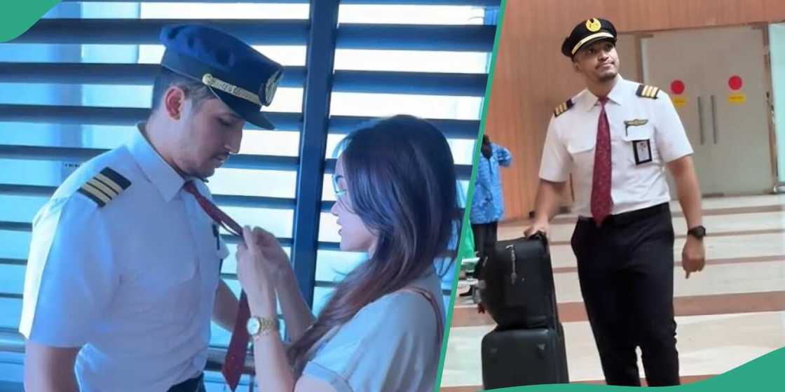 Pilot's wife shows his reaction when he saw her at airport Pilot's wife shows his reaction when he saw her at airport