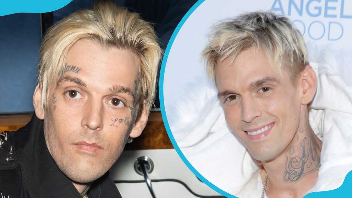 Aaron Carter in a black shirt (L) and white jacket Aaron Carter in a black shirt (L) and white jacket