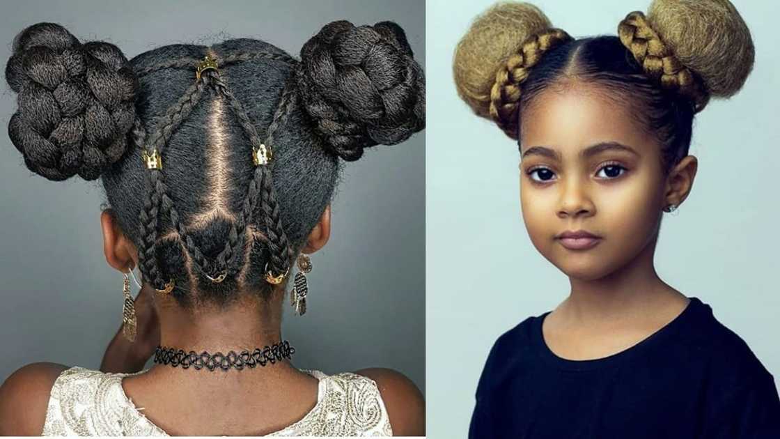 A girl wearing Twin fluffy kinky buns A girl wearing Twin fluffy kinky buns