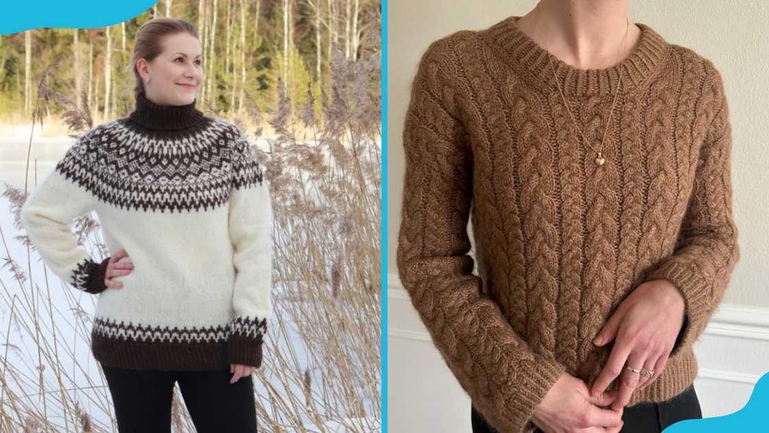 Women in patterned and plain brown sweaters. Women in patterned and plain brown sweaters.