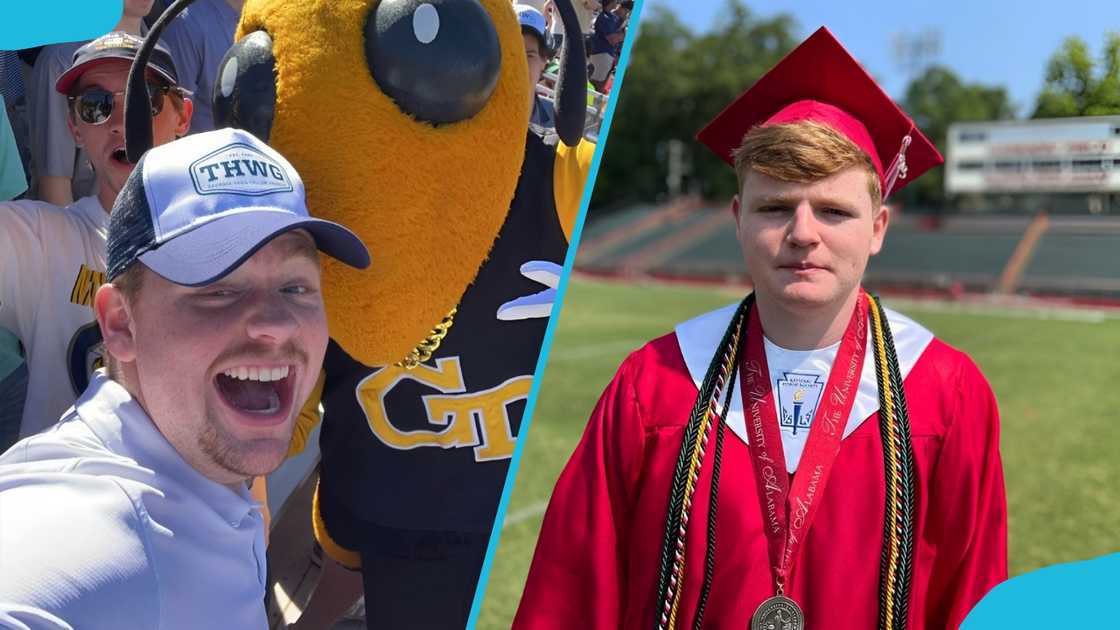 John Grayson poses with a mascot (L). Max Ross in his graduation attire (R). John Grayson poses with a mascot (L). Max Ross in his graduation attire (R).