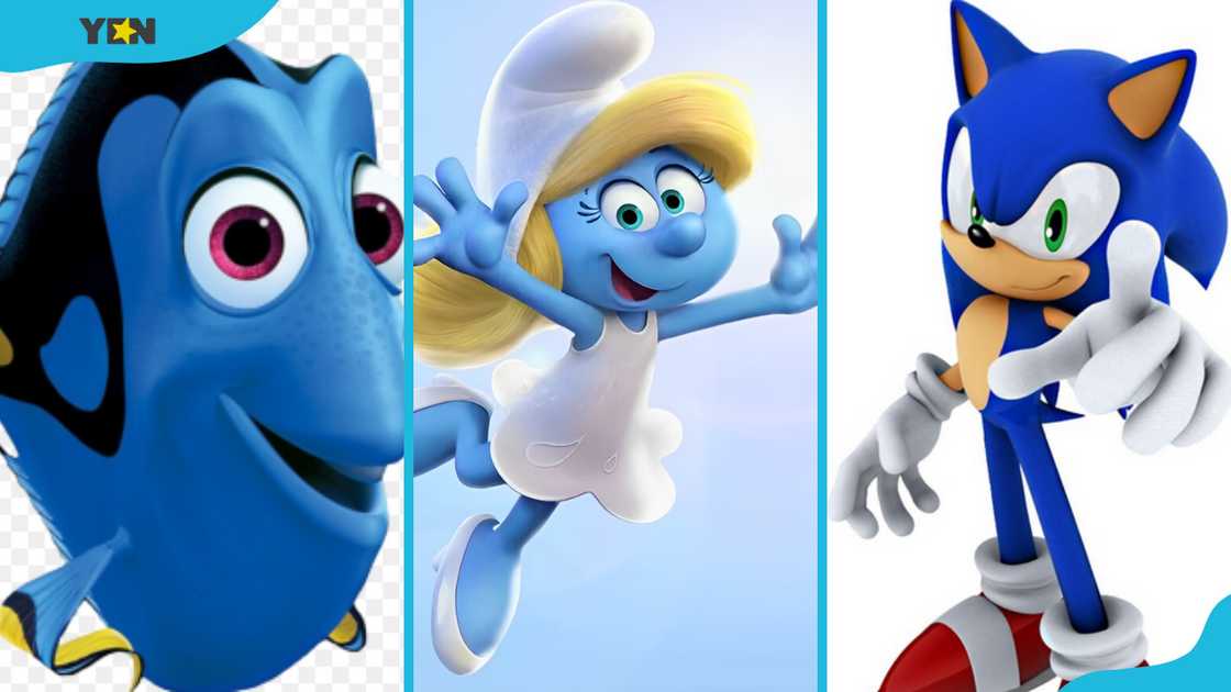 Famous blue cartoon characters: Dory (L), Smurfette (M) and Sonic the Hedgehog