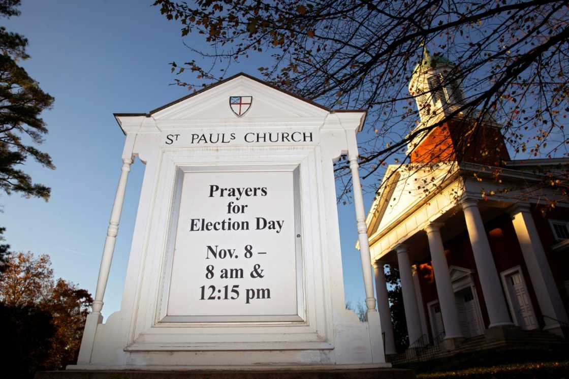 A sign displays "Prayers for Election Day" at St. Paul’s Church in Charlottesville, Virginia, on November 7, 2022 on the eve of the US midterm elections