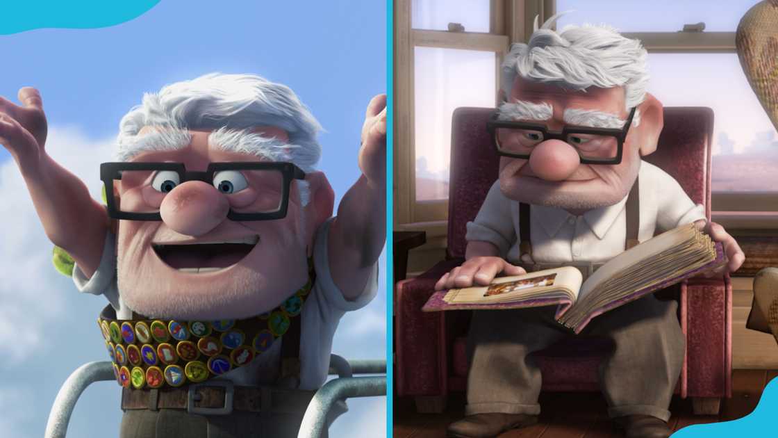 Carl Fredricksen from Up raising his hands and busy reading a book