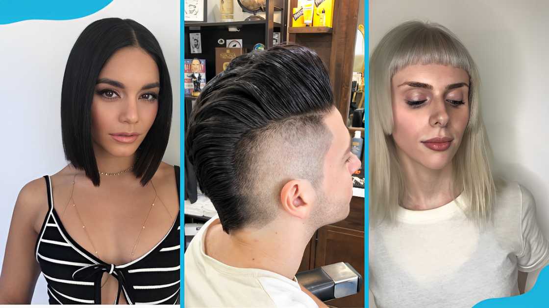 Sleek centre part (L), pompadour (C), and baby bangs (R) Sleek centre part (L), pompadour (C), and baby bangs (R)