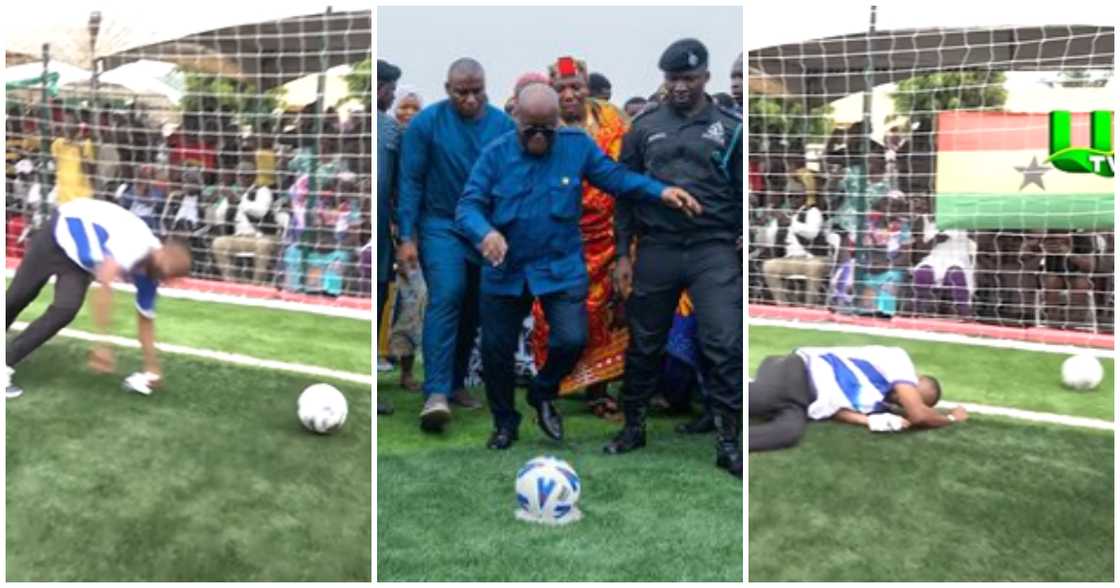 Photos of Nana Addo scoring a goal while commissioning an astroturf