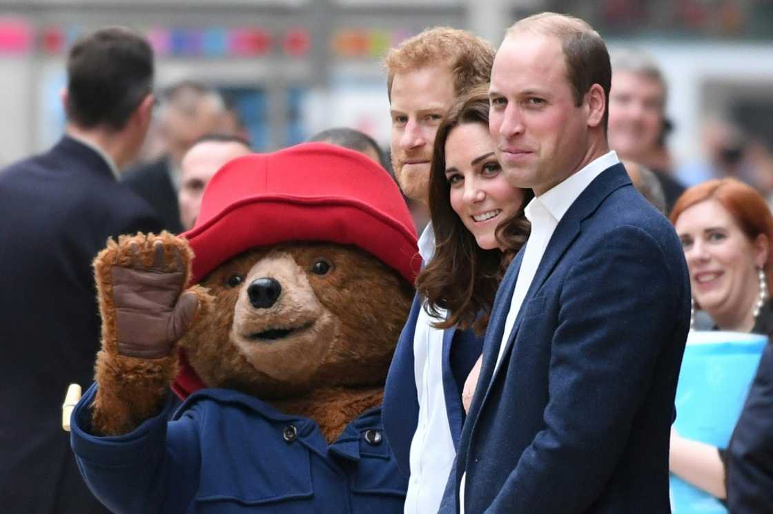 Prince William (R) attended the premiere of the Paddington film in China in 2015 while his wife Catherine (C) danced with the bear at a charity event at Paddington Station in 2017