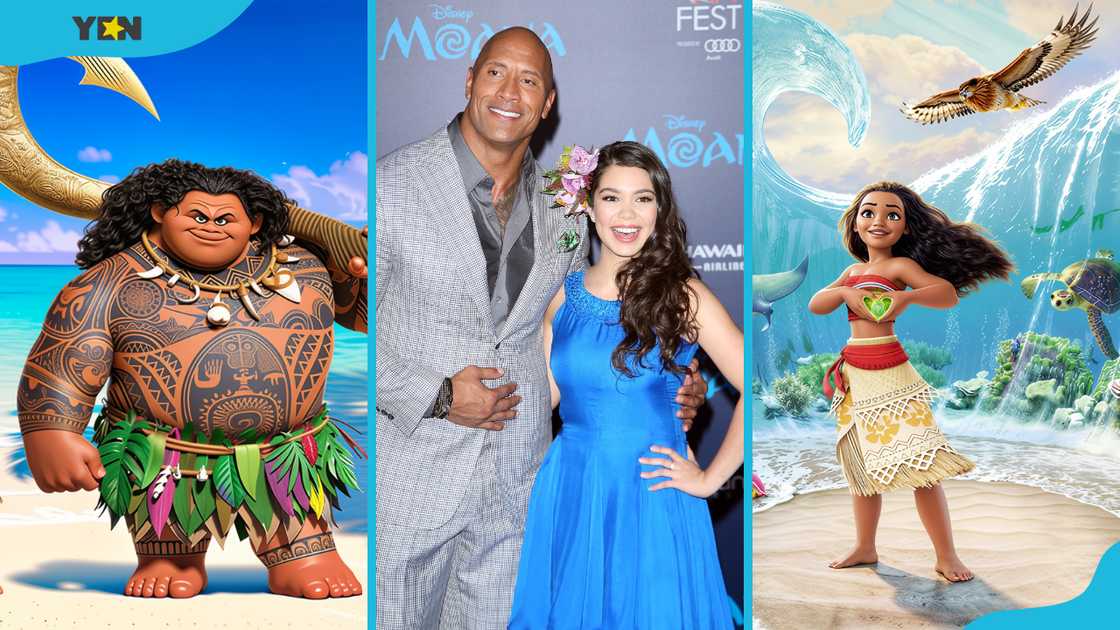 Moana characters and voice actors: Maui (L), Dwayne Johnson and Auli'i Cravalho (C), and Moana (R). Moana characters and voice actors: Maui (L), Dwayne Johnson and Auli'i Cravalho (C), and Moana (R).