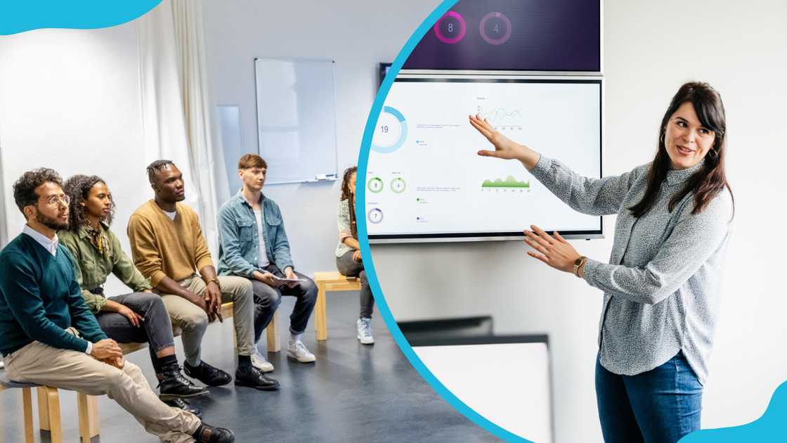 People watching a presentation (L) and a woman presenting something on a board (R) People watching a presentation (L) and a woman presenting something on a board (R)