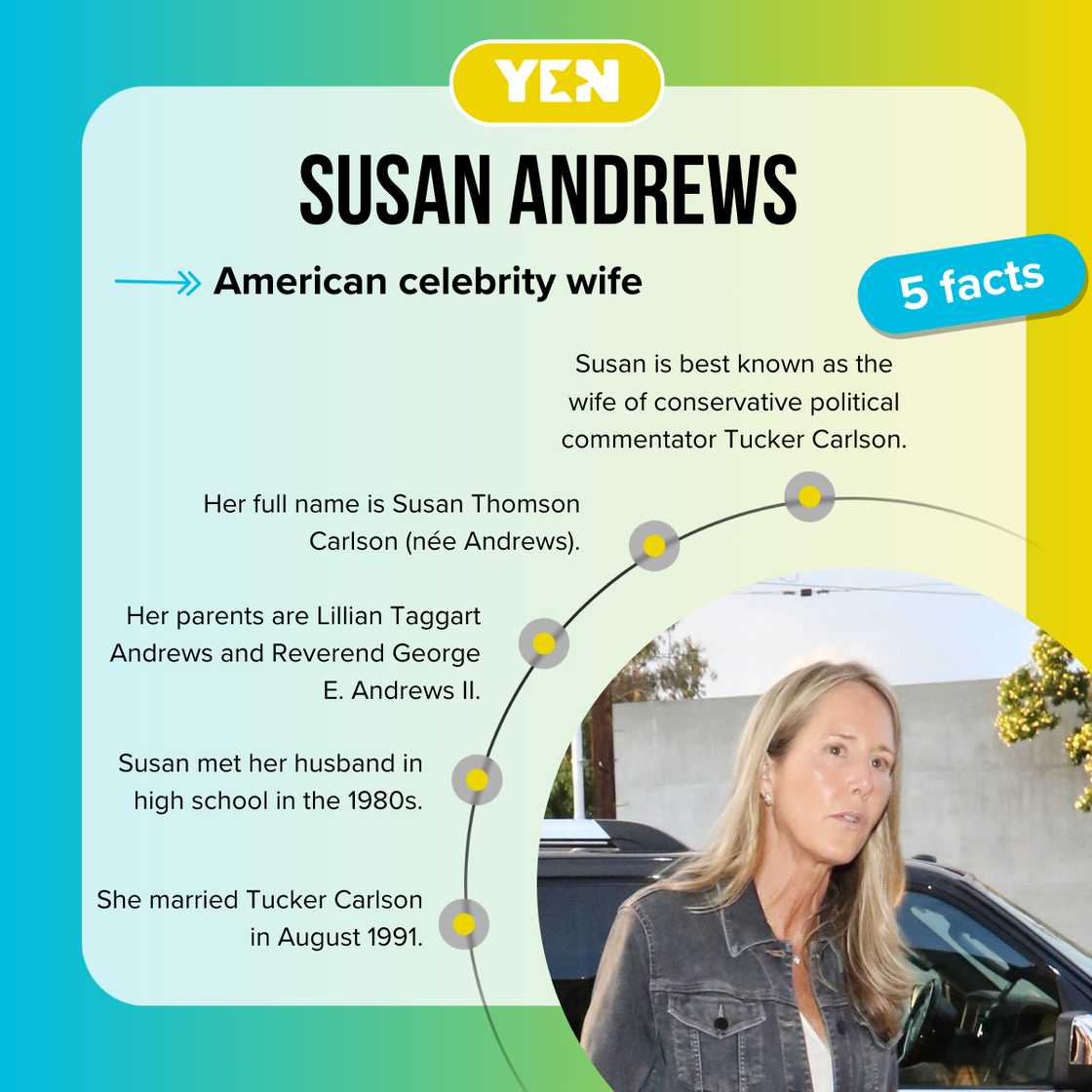 Fast facts about Tucker Carlson's wife, Susan Andrews. Fast facts about Tucker Carlson's wife, Susan Andrews.