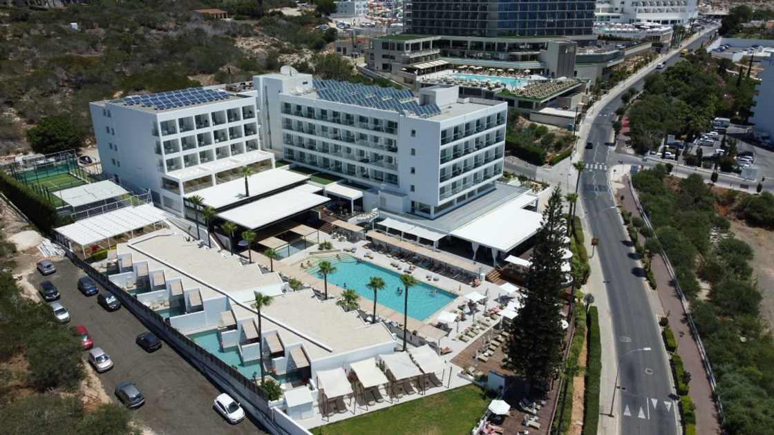 An aerial picture shows a view of the Napa Mermaid Hotel in the Cypriot resort town of Ayia Napa