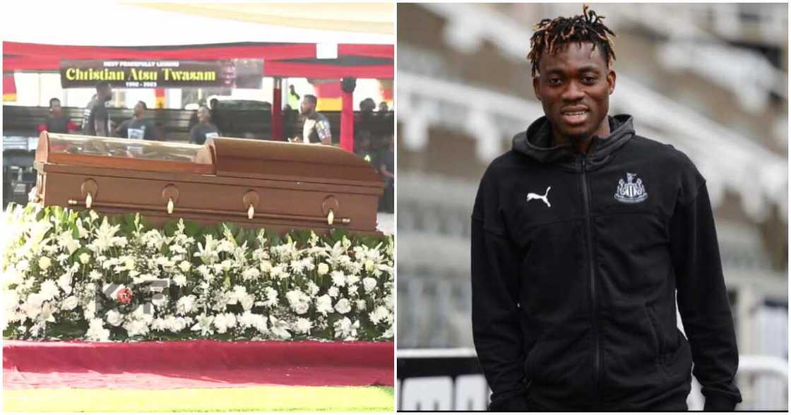 Photo of Christian Atsu and an image from his pre-burial service. Photo of Christian Atsu and an image from his pre-burial service.