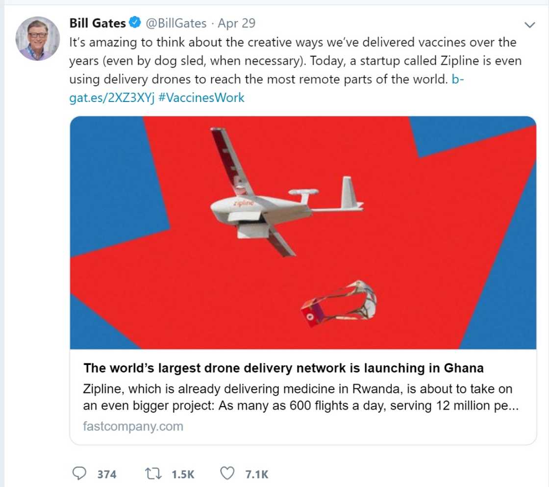 Bill Gates hails Ghana's medical drone delivery project Bill Gates hails Ghana's medical drone delivery project
