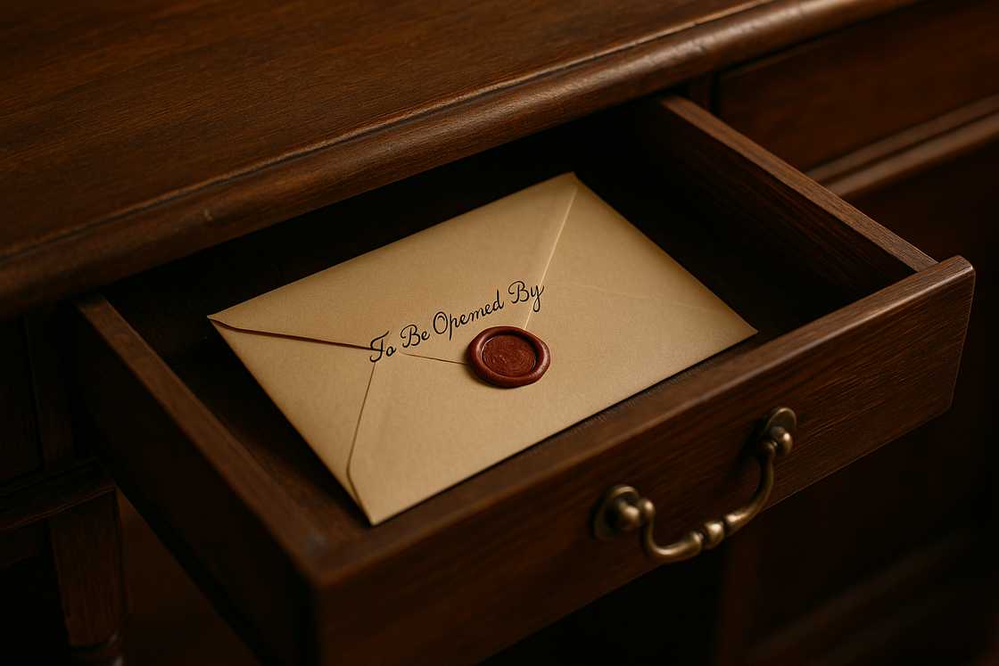 Sealed envelope in wooden desk drawer. Sealed envelope in wooden desk drawer.