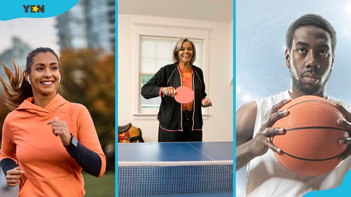 A woman is running (L), a woman playing table tennis (C), and a man on a basketball court with a ball (R) A woman is running (L), a woman playing table tennis (C), and a man on a basketball court with a ball (R)