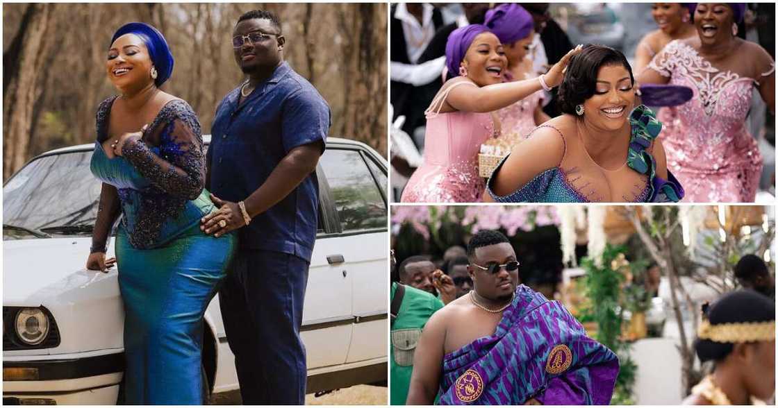 Wedding Trends: Wealthy Plus-Size Couple Look Stunning In Customised Kente Fabric With Their Initials