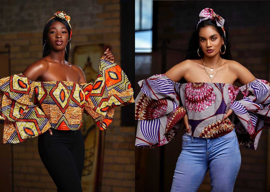 Ladies in off-shoulder Ankara tops Ladies in off-shoulder Ankara tops