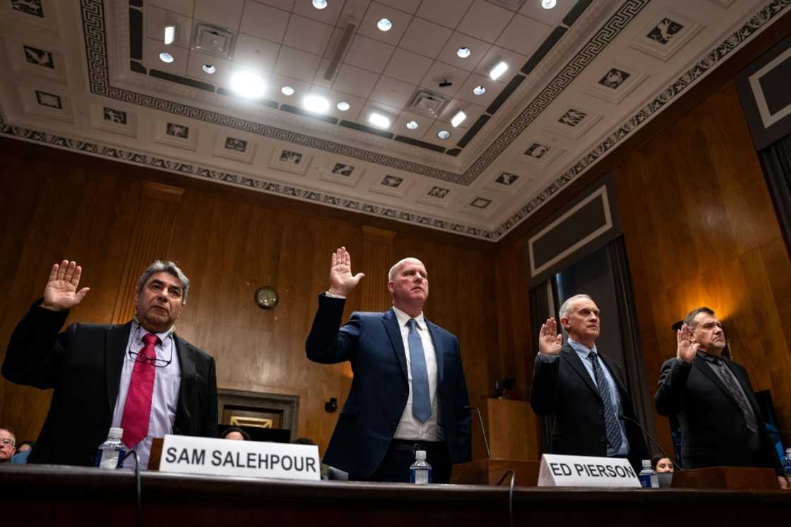 Whistleblowers take an oath before testifying to a US Senate committee investigating Boeing safety practices, on April 17, 2024