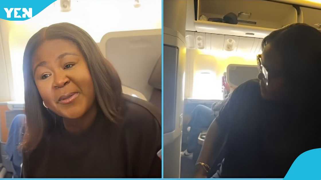 Ghanaian woman in a happy mood as she flies business class, travel abroad