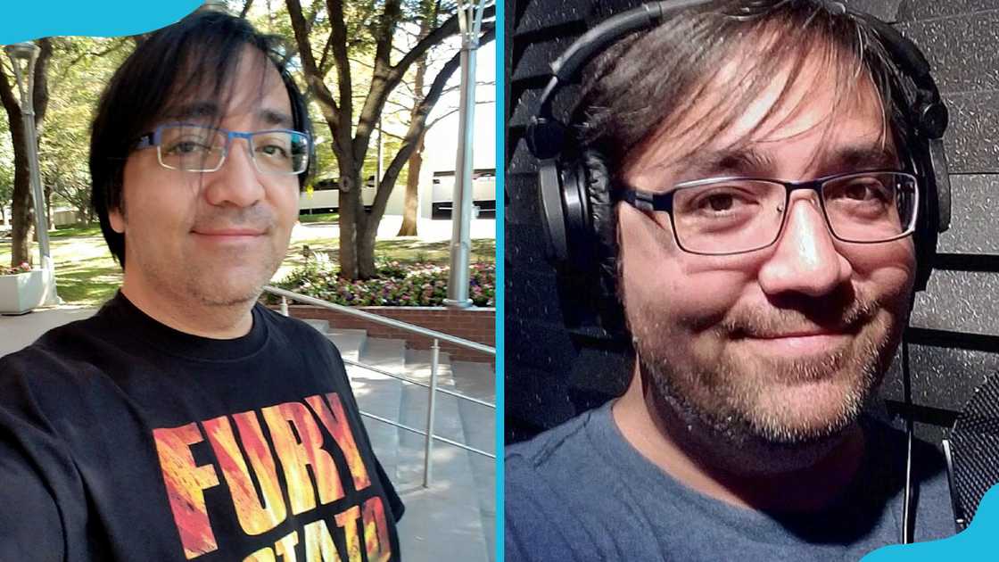 Jim Foronda poses for a selfie (L). He is listening to music (R)