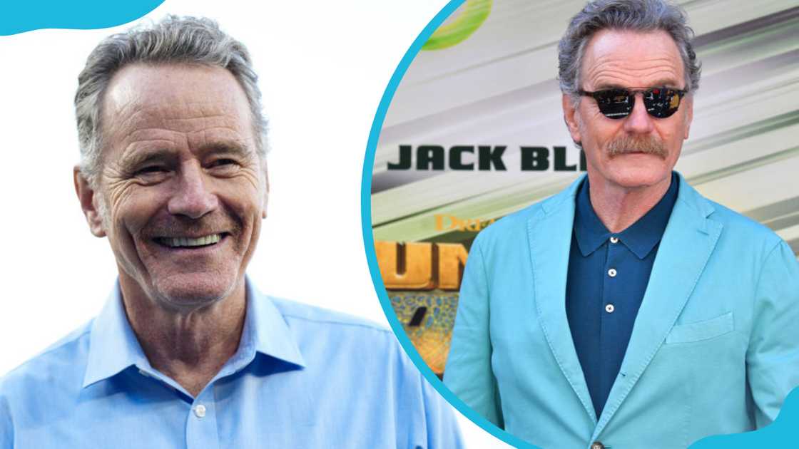 Bryan Cranston in a blue shirt (L) and coat (R)