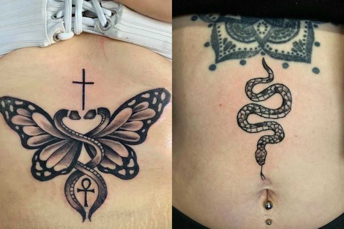 Ladies with black snake tattoos on their upper stomach Ladies with black snake tattoos on their upper stomach