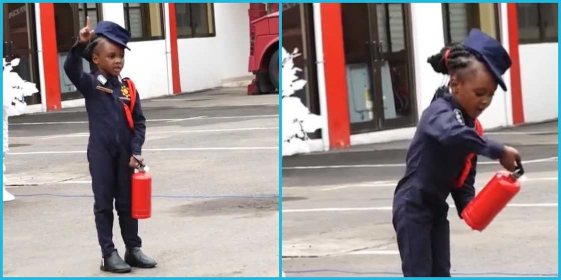 Little girl shows the use of fire extinguisher