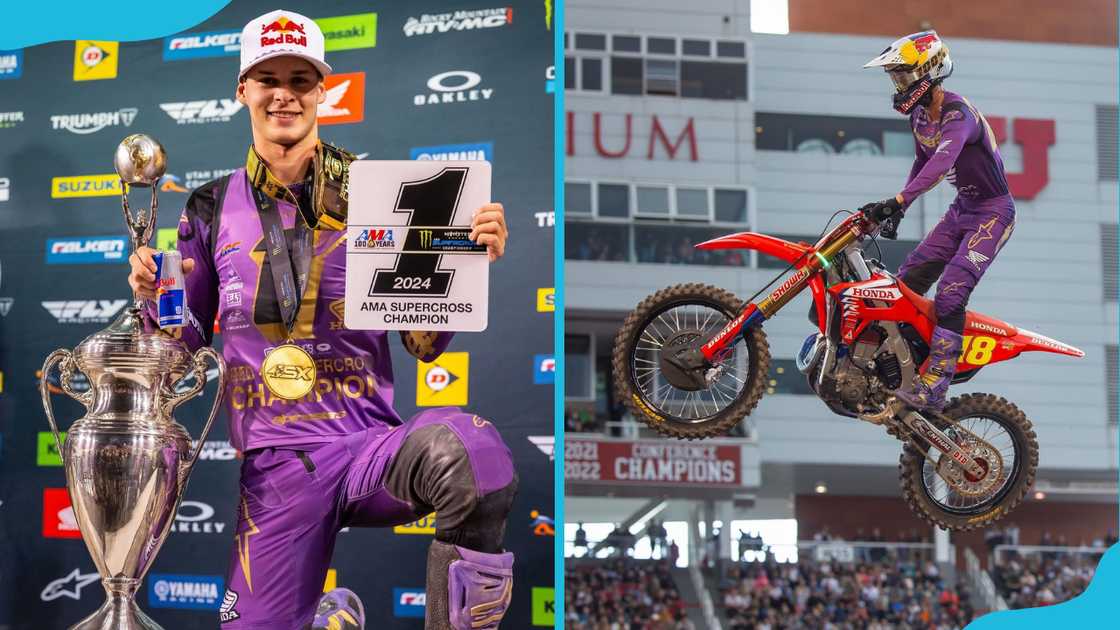 Jett Lawrence celebrates his 2024 AMA Supercross Championship win (L). He performs a mid-air jump on his red Honda dirt bike (R) Jett Lawrence celebrates his 2024 AMA Supercross Championship win (L). He performs a mid-air jump on his red Honda dirt bike (R)