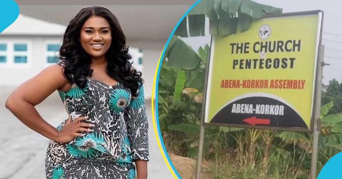 Abena Korkor and a Church of Pentecost signboard Abena Korkor and a Church of Pentecost signboard