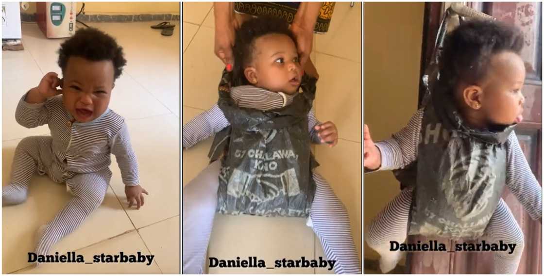 Baby who stopped crying when she was put in a market bag Baby who stopped crying when she was put in a market bag