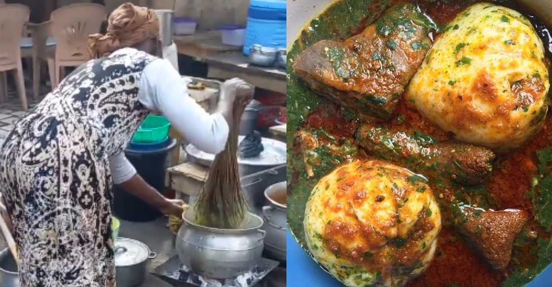 Young woman causes stir as she stirs soup with broom Young woman causes stir as she stirs soup with broom
