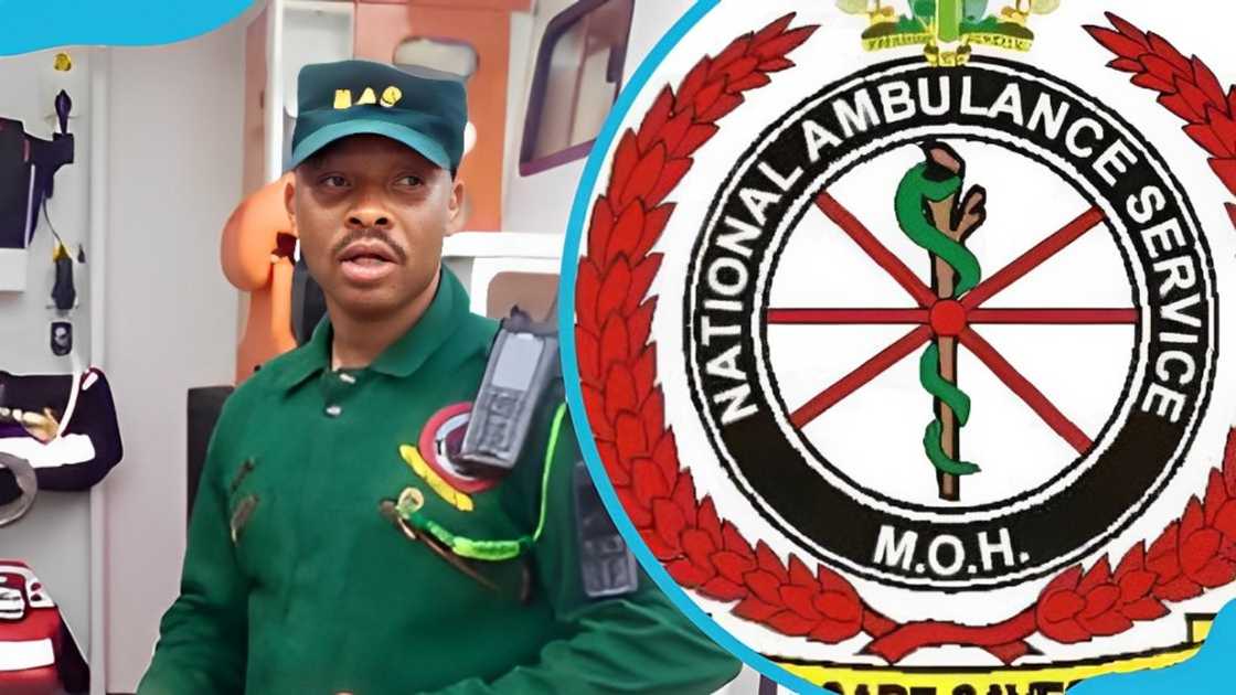 National Ambulance Service first front respondent in front of an open ambulance (L) and NAS logo (R)