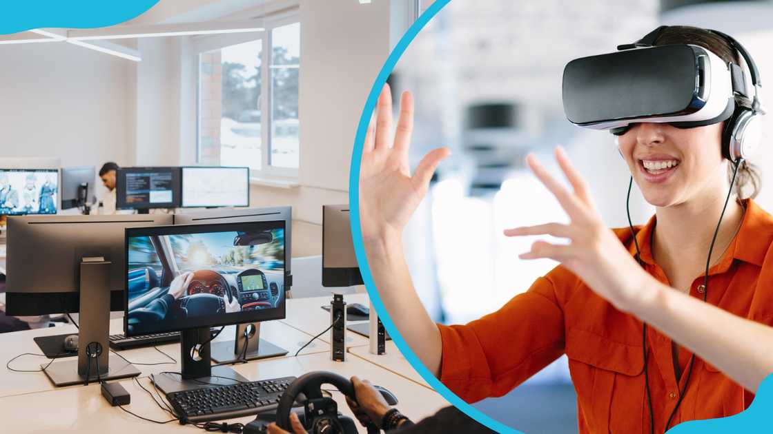 A gaming designer trying a new driving simulator (L), a young woman wearing a virtual reality headset (R) A gaming designer trying a new driving simulator (L), a young woman wearing a virtual reality headset (R)