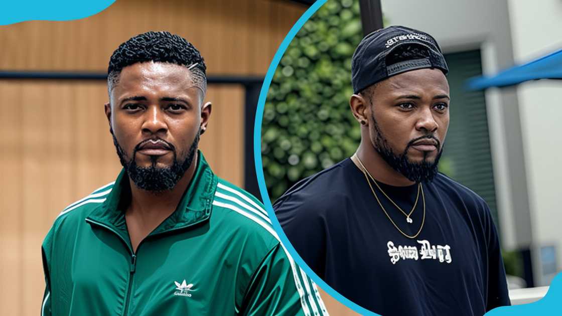 Nigerian actor Maurice Sam poses in a green sportswear (L) and in a black casual T-shirt and a cap (R)