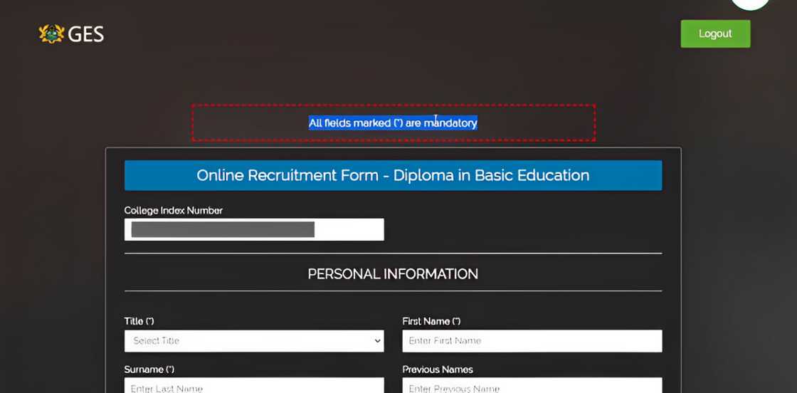 The GES online recruitment form for a Diploma in Basic Education, where users enter their college index number and personal information. The GES online recruitment form for a Diploma in Basic Education, where users enter their college index number and personal information.