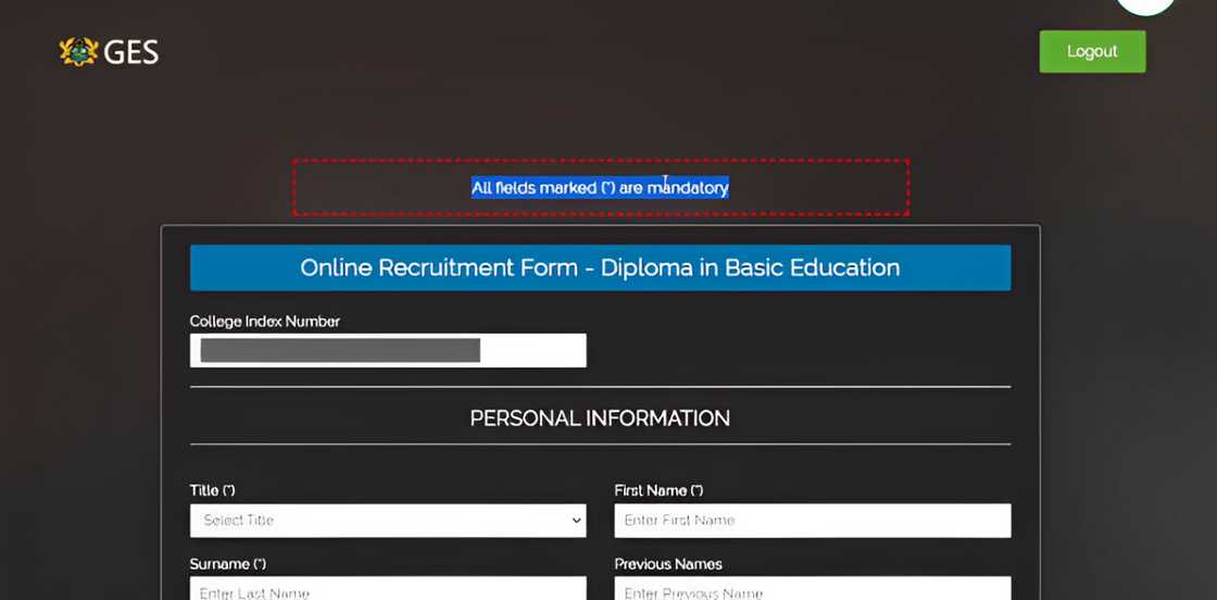 The GES online recruitment form for a Diploma in Basic Education, where users enter their college index number and personal information.