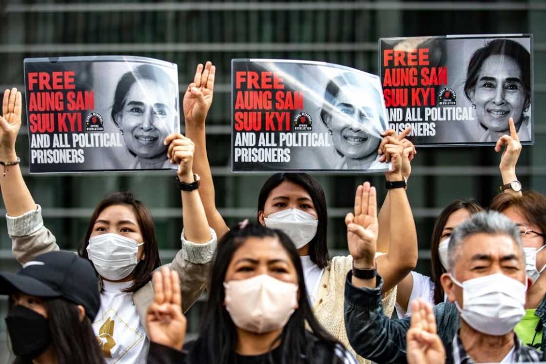 A group of Myanmar activists in Tokyo hold up placards calling for the release of their ousted leader Aung San Suu Kyi in May 2022 A group of Myanmar activists in Tokyo hold up placards calling for the release of their ousted leader Aung San Suu Kyi in May 2022