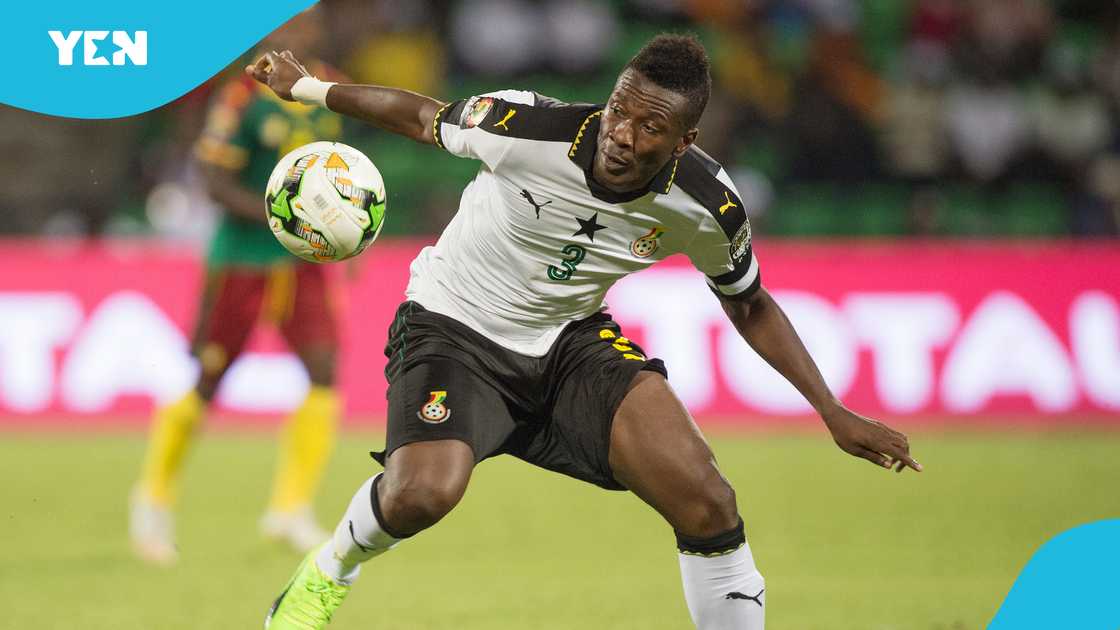 Asamoah Gyan of Ghana Black Stars during the semi-final match between Cameroon and Ghana at Stade Franceville on February 02, 2017 in Franceville, Gabon Asamoah Gyan of Ghana Black Stars during the semi-final match between Cameroon and Ghana at Stade Franceville on February 02, 2017 in Franceville, Gabon