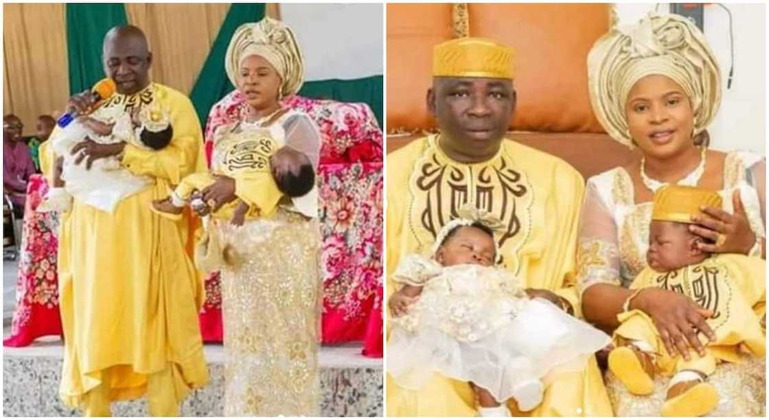 Photos of a Nigerian man and his wife with their twin babies.