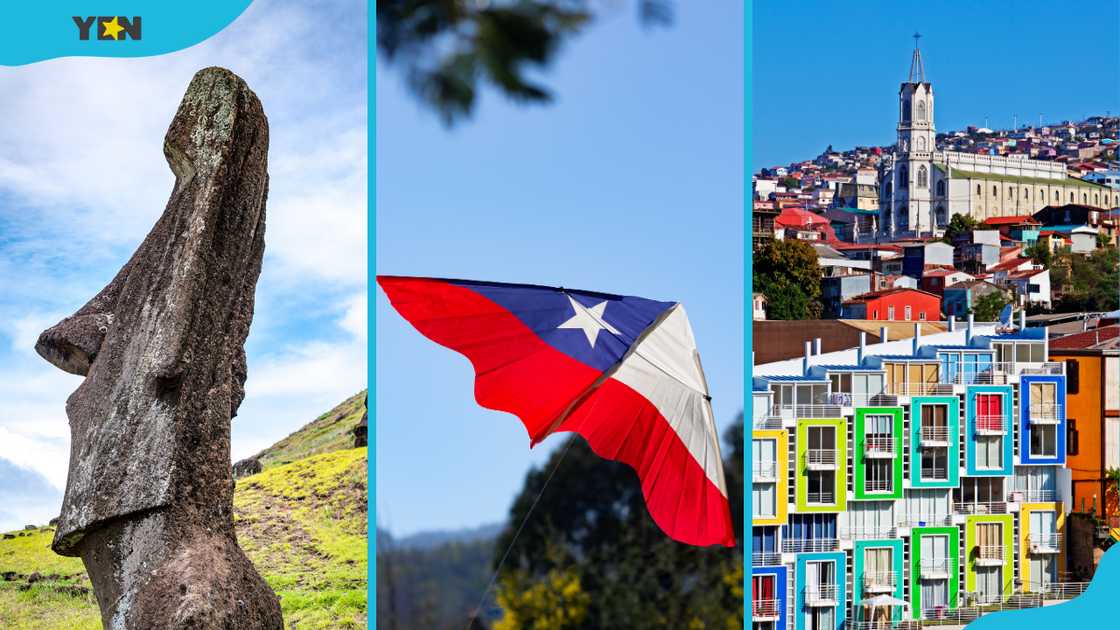 From left to right: Moais on Easter Island, a kite with Chile flag, colourful buildings in Valparaiso From left to right: Moais on Easter Island, a kite with Chile flag, colourful buildings in Valparaiso