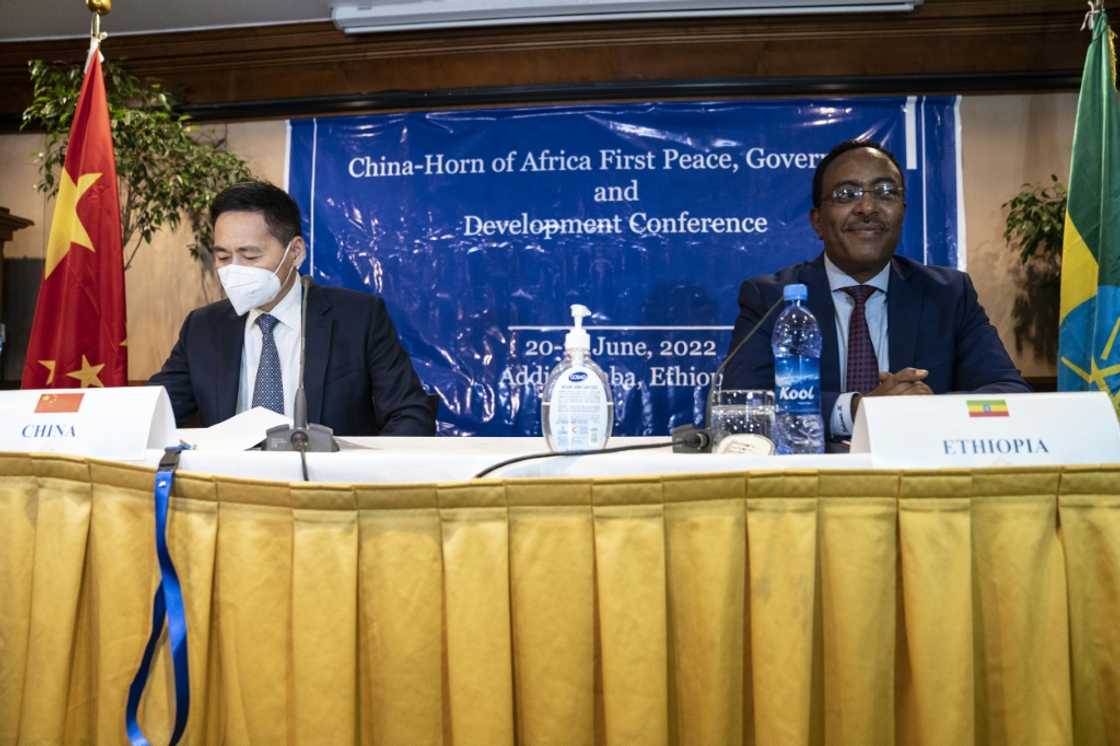 Xue Bing, China's special envoy to the Horn of Africa (left) is pictured with Ethiopian national security adviser Redwan Hussein Xue Bing, China's special envoy to the Horn of Africa (left) is pictured with Ethiopian national security adviser Redwan Hussein