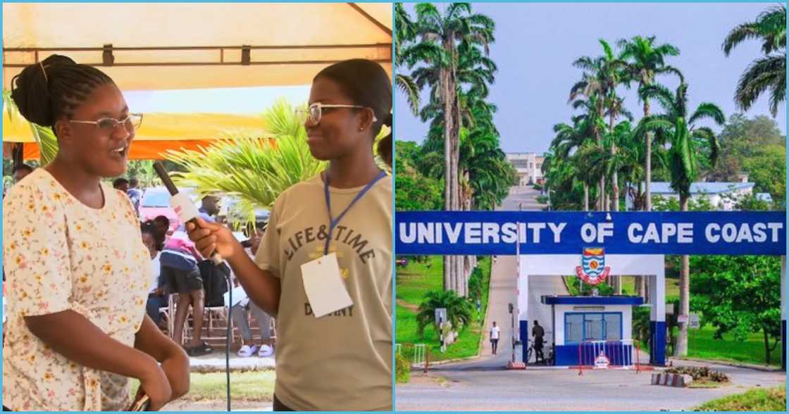 Photo of UCC student and the University entrance Photo of UCC student and the University entrance