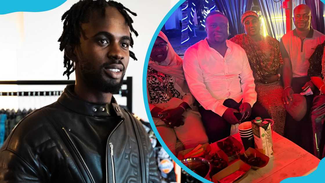 Black Sherif in a black jacket (L). The portrait of his parents and some of his siblings (R). Black Sherif in a black jacket (L). The portrait of his parents and some of his siblings (R).