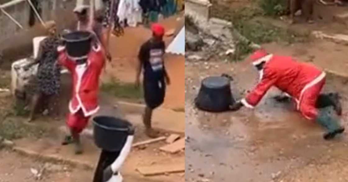 Santa Claus falls on the ground after fetching water Santa Claus falls on the ground after fetching water