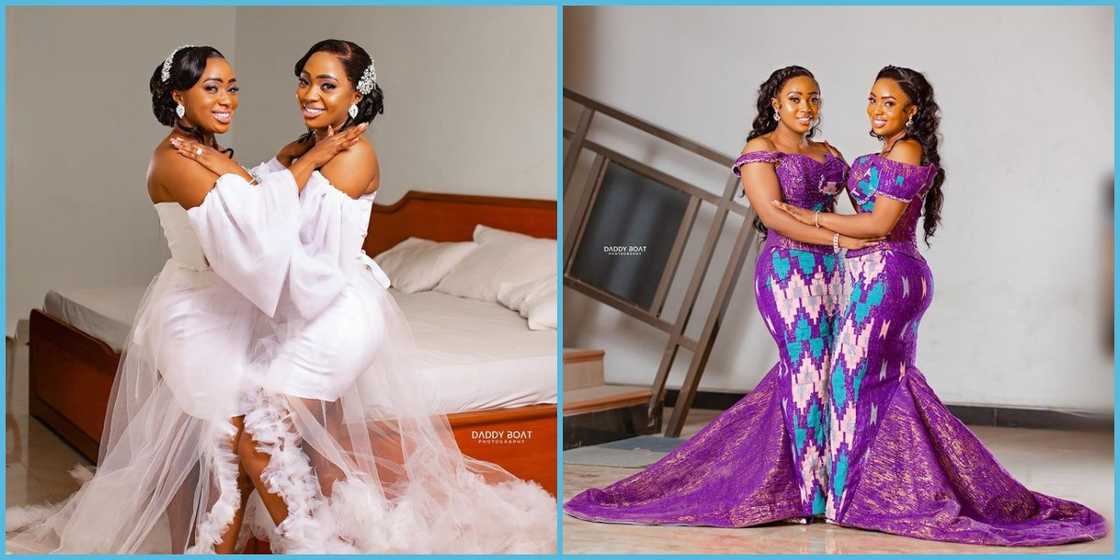 Twin Wedding: Ghanaian Twin Sisters Marry On Same Day, Their Husbands Dress In Same Attires