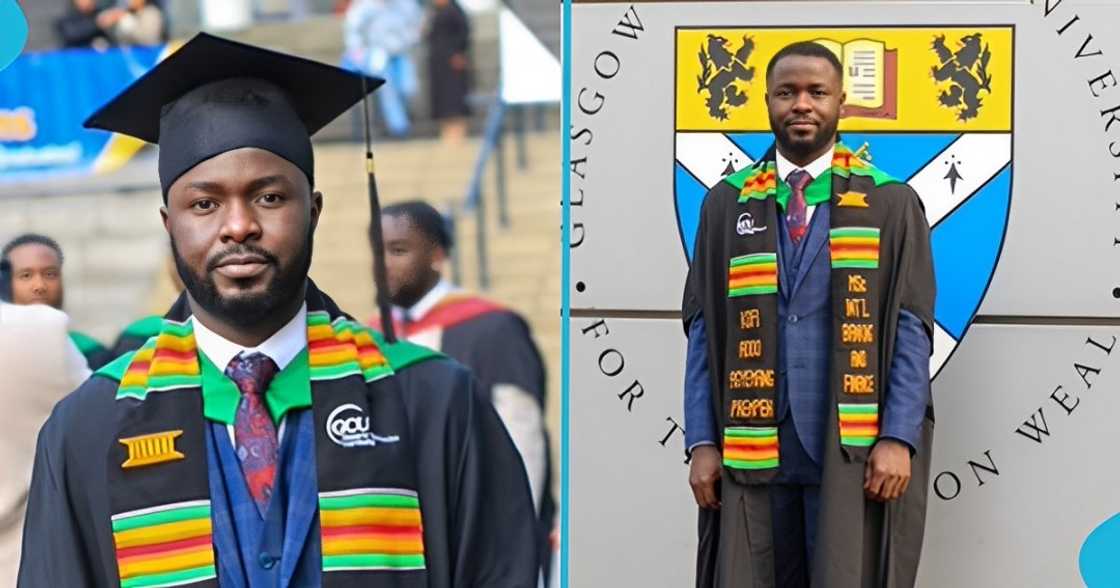 Ghanaian man, master's degree, UK university, academic success, graduation ceremony.