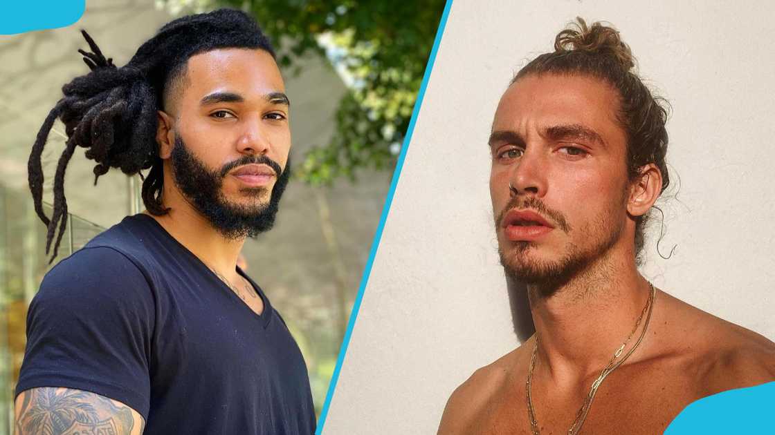 Dreadlocks (L) and a surfer's (R) wild man bun Dreadlocks (L) and a surfer's (R) wild man bun