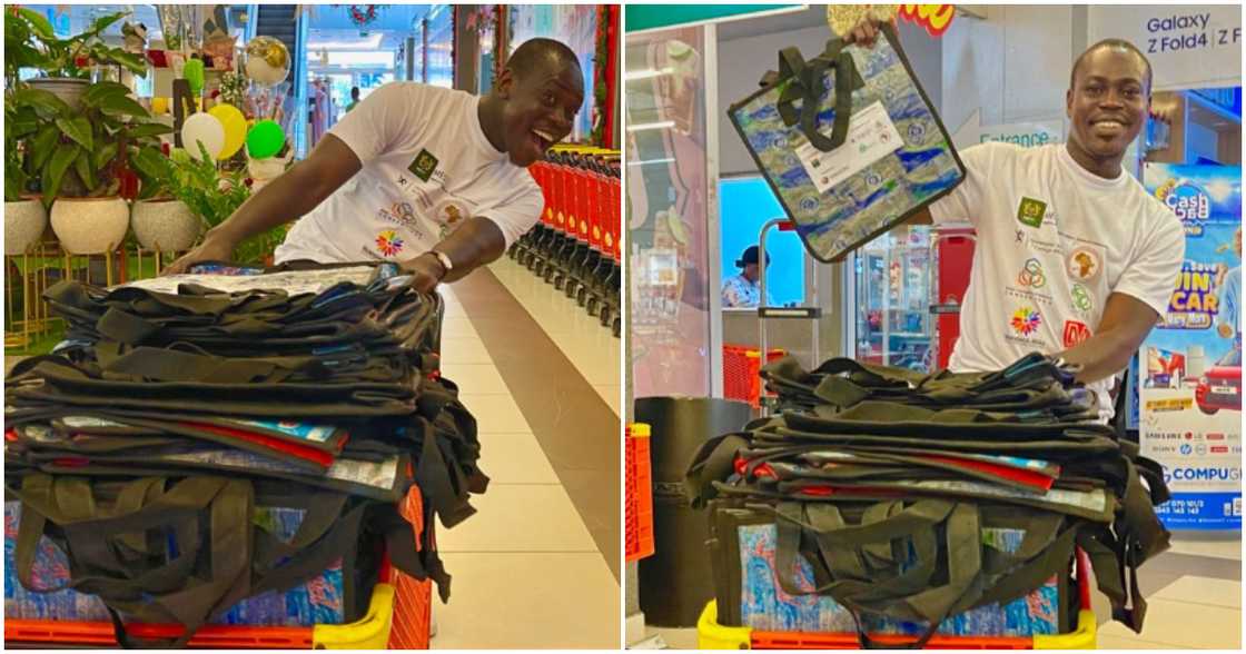 Ghanaian social entrepreneur turns waste plastics into reusable bags. Ghanaian social entrepreneur turns waste plastics into reusable bags.
