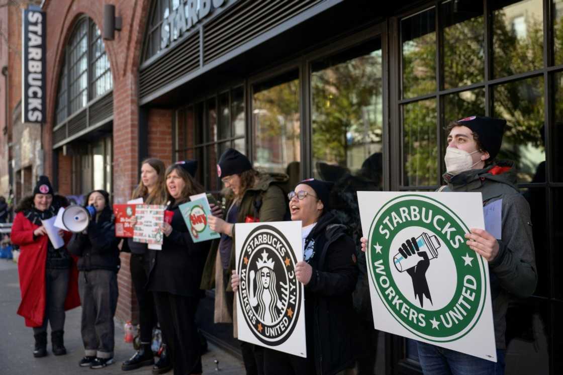 Starbucks workers protested in New York City as part of a planned strike in over 100 US stores on Thursday Starbucks workers protested in New York City as part of a planned strike in over 100 US stores on Thursday